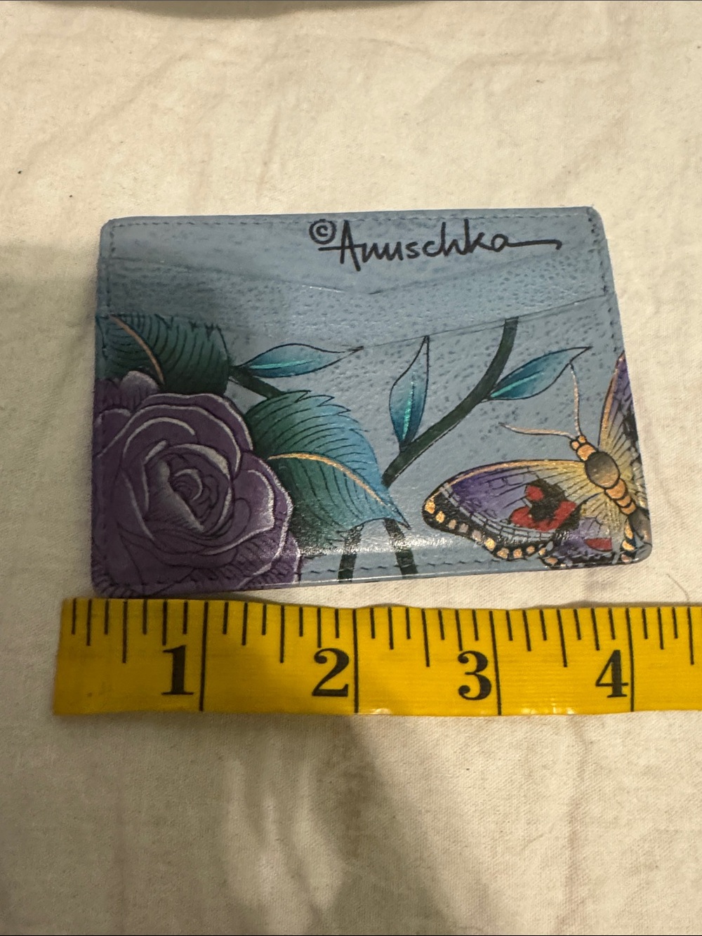 Anuschka Light Blue Leather Card & Key Holder with Floral and Butterfly Motif